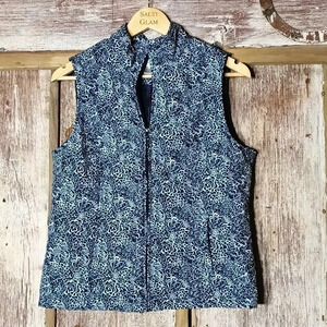 Christopher Banks quilted floral navy white zipper vest w/ pockets size S